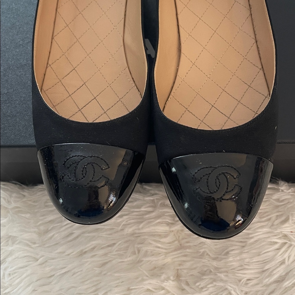 Authentic Chanel black fabric shoe with 1.5” heel. Patent toe with CC logo. $725 - Picture 3 of 6